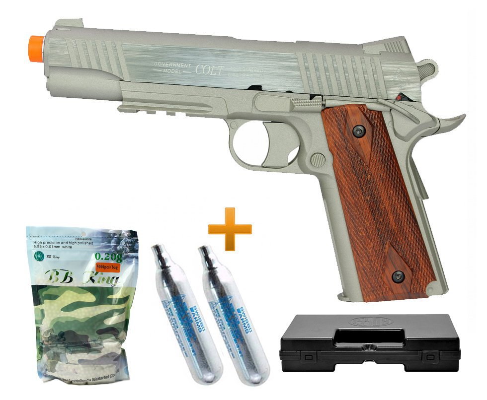 Pistola De Airsoft Co2 Colt 1911 Rail Gun Inox Slide Metal Cal 6.0 + Case + Bbs + Co2