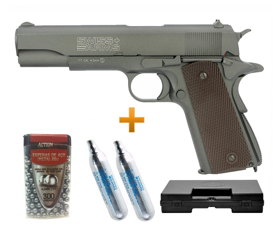 Pistola De Pressão Co2 Sa P1911 Full Metal Blowblack 4.5mm Swiss Arms + Case + Esfera De Aço + Co2