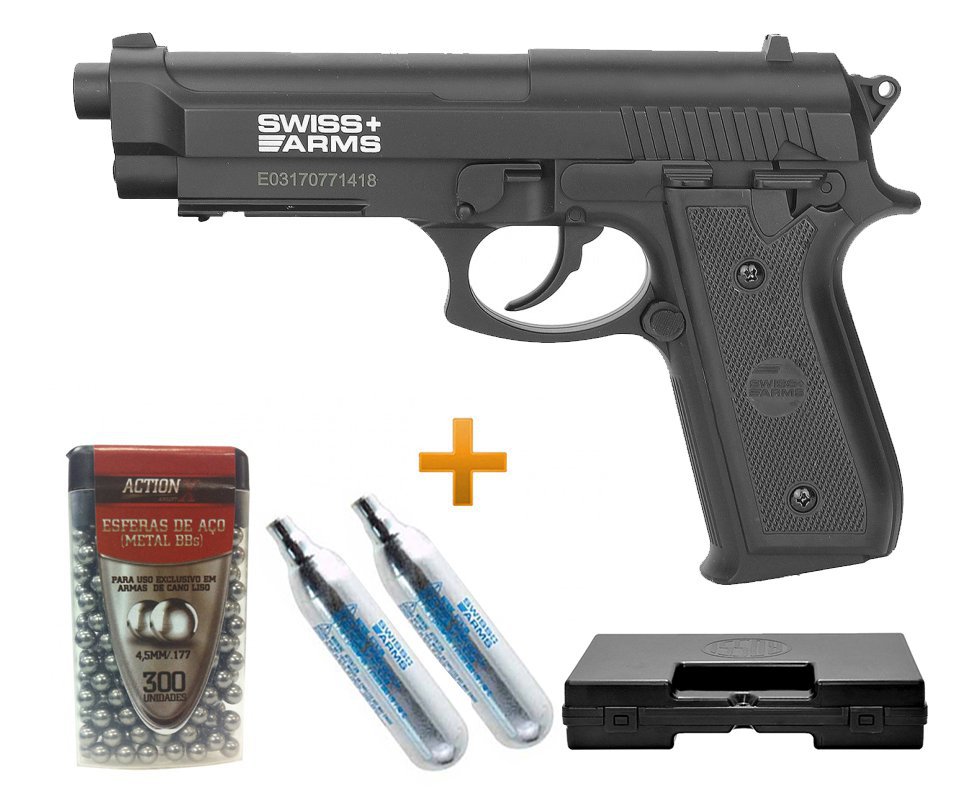 Pistola De Pressão Gas Co2 Sa P92 4.5mm Swiss Arms + Case + Bbs + Co2