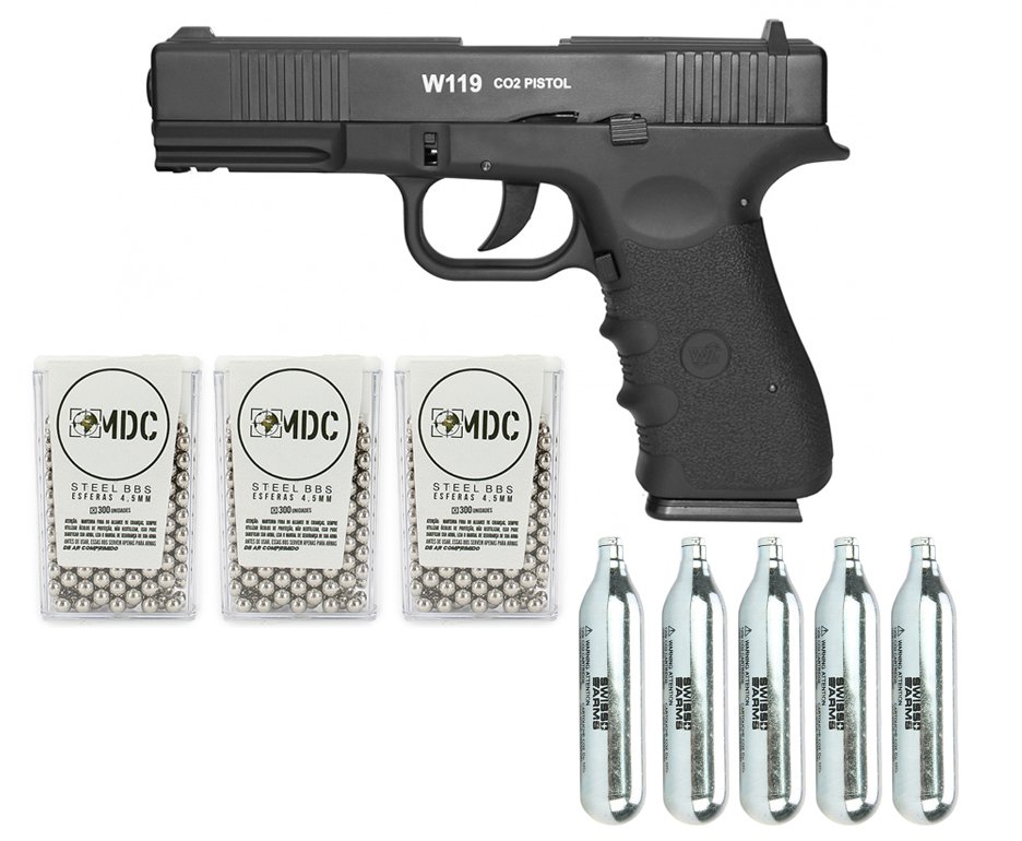 Pistola De Pressão Gas Co2 Wg Glock W119 Slide Metal Blowback 4,5mm + 05 Cilindro Co2 + 900 Esferas Aço