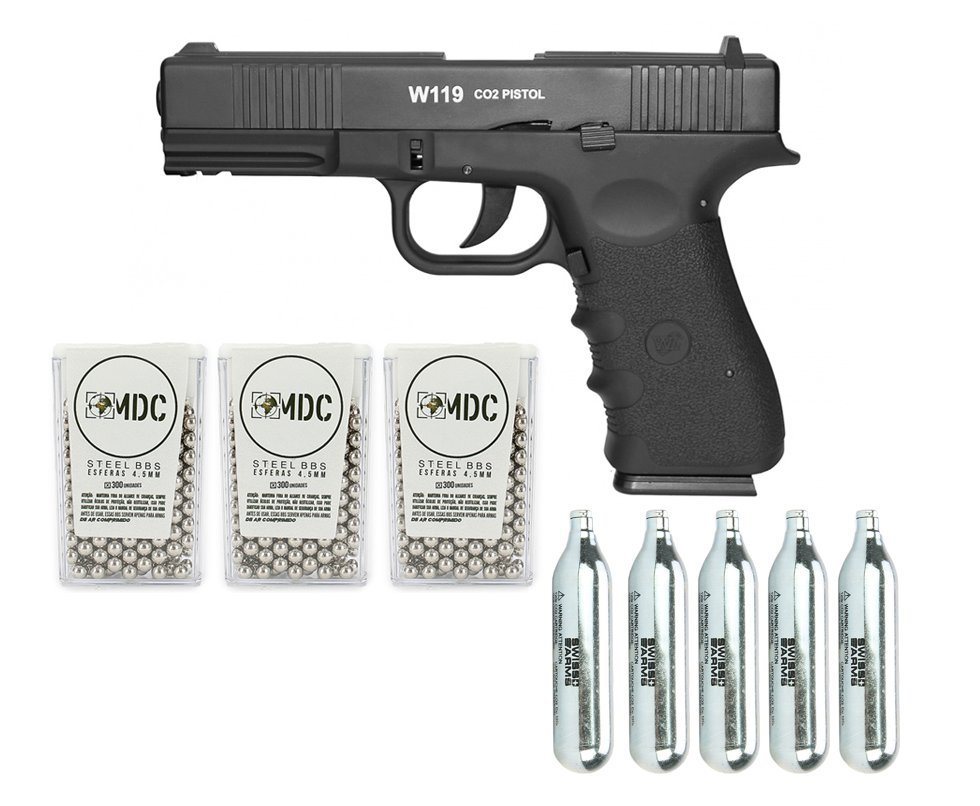 Pistola De Pressão Gas Co2 Wg Glock W119 Slide Metal Blowback 4,5mm + 05 Cilindro Co2 + 900 Esferas Aço