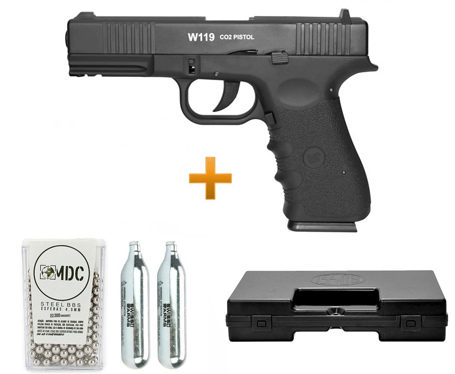 Pistola De Pressão Gas Co2 Wg Glock W119 Slide Metal Blowback 4,5mm + Case + Bbs + Co2