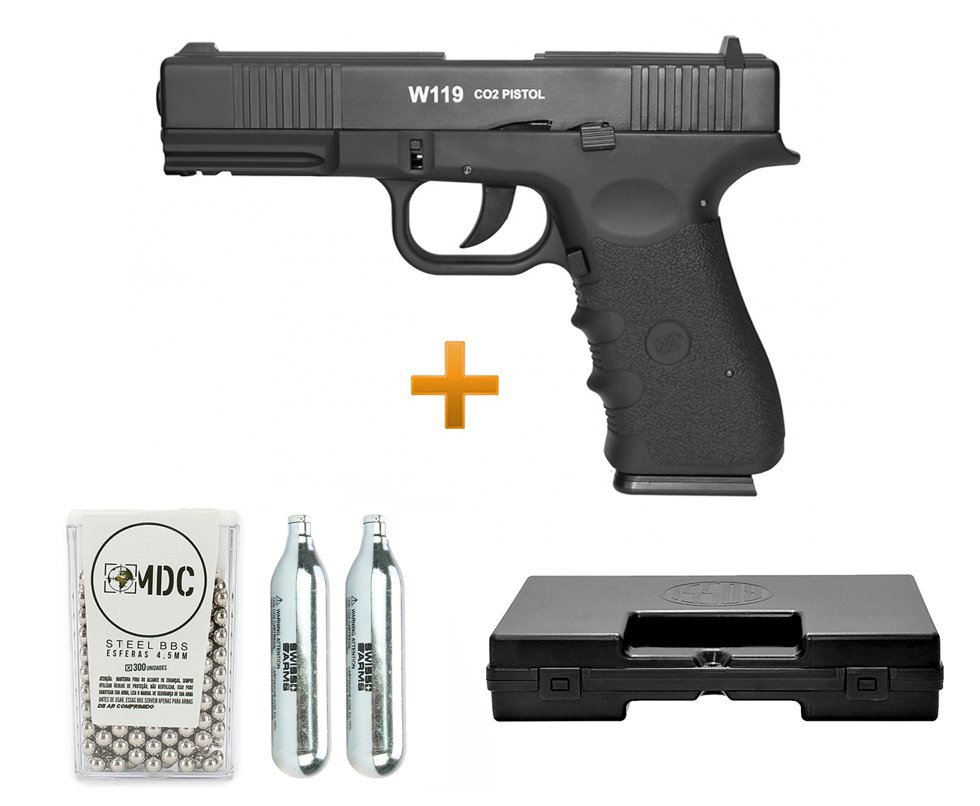 Pistola De Pressão Gas Co2 Wg Glock W119 Slide Metal Blowback 4,5mm + Case + Bbs + Co2